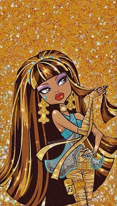 a painting of a girl with long hair and gold glitters on her face is shown