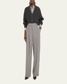 Brunello Cucinelli Panama wool pants with pleated front    Full length    Side slip pockets; back besom pockets    High rise    Straight legs    Tab/zip fly; belt loops    Virgin wool/cotton    Acetate/polyester lining    Made in Italy Timeless Trousers For Fall, Luxury Wide Leg Pants For Office In Fall, Timeless Fall Trousers, Luxury Fall Workwear Bottoms, Luxury Fall Pants For Office, Luxury Office Pants For Fall, Luxury Fall Office Pants, Timeless High-waisted Fall Pants, Timeless High-waisted Pants For Fall