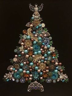 a christmas tree made out of beads and brooches