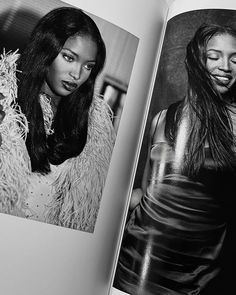 an open book with black and white photos of two women in leather dresses, one wearing a fur coat