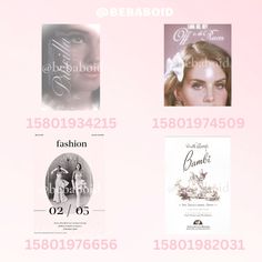 three different types of fashion brochures on a pink background with the names of them