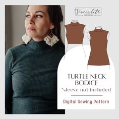 a woman wearing a turtle neck sweater with tassels on her shoulders and the words turtle neck bodice below it