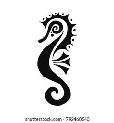 a black and white silhouette of a seahorse with swirls on it's tail