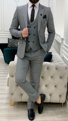 Collection: Autumn – Winter 2021/22  Product: Slim-Fit Three Piece Suit  Color Code: Gray  Size: EU46/US36 S | EU48/US38 S | EU50/US40 S | EU52/US42 S | EU54/US44 S | EU56/US46 S  Suit Material: 65% polyester, 32% Viscose, 3% Lycra  Drop: 6  Cutting: Italian  Cutting: Two Button, Double Slits  Machine Washable: No  Fitting: Slim-fit  Package Include: Jacket, Vest and Pants  Gifts: Chain, Pocket Square and Neck Tie Dark Gray 3 Piece Suit Men, 3 Piece Suit Men Wedding, Three Piece Suit Mens, Best Wedding Suits For Men, Men Vest Outfits, Coat Pant For Men, 3 Piece Suit Men, Reception Suits, Brand Equity