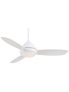 a white ceiling fan with a light on the top and two blades attached to it