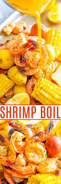 shrimp boils with corn on the cob and lemon juice being poured over them