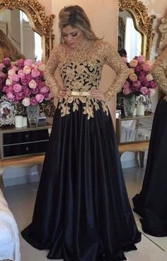 Black Long Sleeve Prom Dress, Prom Dresses Long Black, Black Prom, فستان سهرة, A Line Prom Dresses, Prom Dresses Long With Sleeves, Gold Lace, Black Prom Dresses