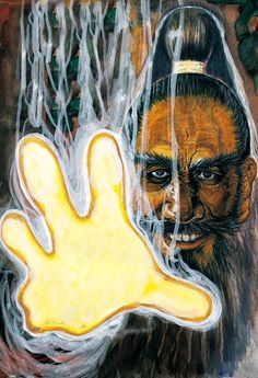 a painting of a man holding a yellow hand in front of his face with water dripping from it