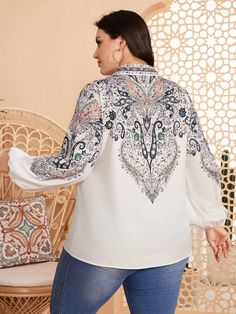 White Boho Collar Long Sleeve Woven Fabric Tribal Top Embellished Non-Stretch  Women Plus Clothing Plus Size Blouses, Lantern Sleeves, Shirt Sleeves, Plus Clothing, Woven Fabric, Lanterns, Floral Prints, Plus Size, Collar