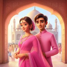 the princess and the frog are standing in front of an archway, looking at each other