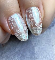 White And Blue Wedding Nails, Porcelain Nails Design, Milky White And Blue Nails, Jelly Gel Nail Designs, Irredecent Nail Designs, Clear Nail Art Designs, French Nails Wedding, Blue Bridal Nails, Chinese Style Nails