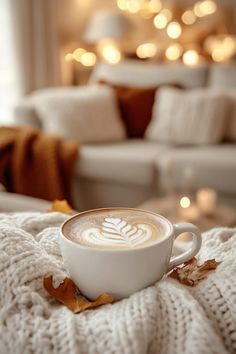 a cappuccino is sitting on top of a blanket in front of a couch