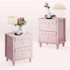 two pink dressers with flowers and vases on each side, against a light background