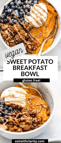 two bowls filled with sweet potato and blueberry breakfast bowl next to each other on a white table