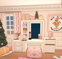 the room is decorated for christmas with pink and green decorations on the windowsills