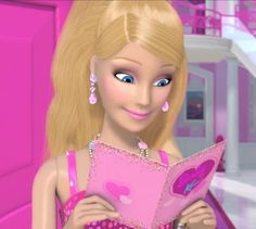 the barbie doll is holding a pink book in her hands and smiling at the camera