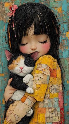 a painting of a girl hugging a cat with her face close to the camera,