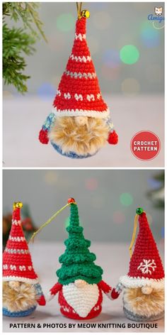 three crocheted christmas trees with santa hats on them