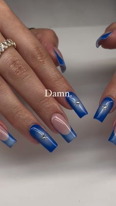 Nails Summer 2024 French, Blue Nails Winter Design, Short Blue Manicure, 111 Nails Design, Blue Nails With Rhinestones Bling, Messy Nails Aesthetic, Two Different Hand Nails, Nail Inspo Square Medium Y2k, Sqared Nail