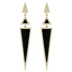 Black Onyx & 0.52ct Diamond Pave Dangling Multi-Triangle Stiletto Earrings in 14k Yellow Gold - AlfredAndVincent.com Midnight Wedding, Black Jewellery, Masonic Ring, Gold Jewelry Earrings, Black Onyx Stone, Agate Jewelry, Stylish Earring, Charm Rings, Yellow And Black