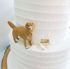 a dog figurine standing on top of a white tiered cake with frosting