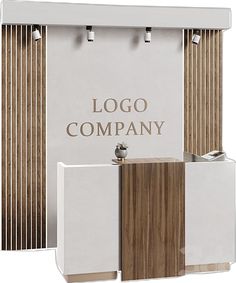 the logo company is displayed in front of a white wall with wooden panels and metal fittings