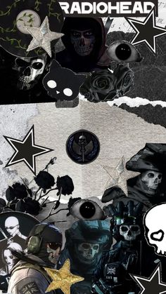 a collage of skulls and stars with the words radiohead on it's side