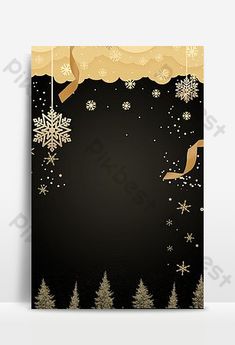 a black and gold christmas card with snowflakes, birds and trees on it