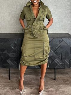 Urban Stand Collar Sleeveless Maxi Dress | stylewe Cocktail Chic Attire, Sneakers With Dress, Army Green Outfit, Camo Life, Cargo Dress, Afro Caribbean, Urban Shirt, Random Outfits, Army Green Dress