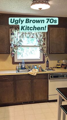 a kitchen with brown cabinets and white tile flooring is seen in this image, there are two windows above the sink