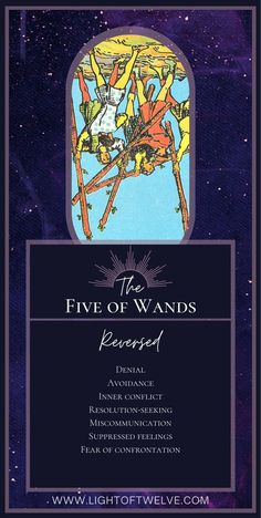 Insightful guide image on the five of wands reversed, illustrating the wands tarot card description and its implications when the card appears upside down. Five Of Wands Tarot, Tarot Cheat Sheet, Five Of Wands, Inner Conflict