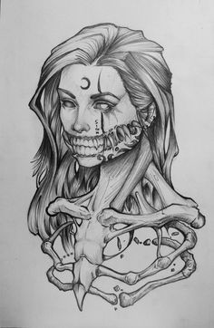 a pencil drawing of a skeleton and a woman's face