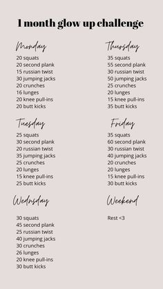 the month - by - month workout plan for women with text overlay that reads i month glow up challenge