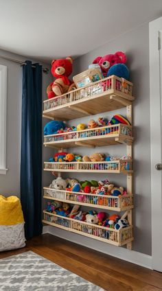 a child's playroom with toys and stuffed animals on the shelves in it