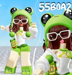 the girl is dressed up as a frog and holding a cup in her hand while wearing glasses