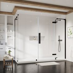 a bathroom with a walk in shower next to a white wall and black tile floor