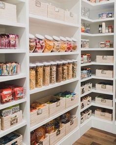 the inside of a pantry filled with lots of food and snacks on shelving units