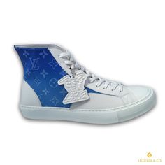 These Louis Vuitton Tattoo Sneaker Boots Are From The Virgil Abloh Fall / Winter 2020 Cloud Collection And Are Composed Of White Leather With Blue And White Monogram Canvas. Made In: Italy Size: 10 Lv / 11 Us / 45.5 Eu Condition: New With Box. Please Note That The Included Box Is A Louis Vuitton Warehousing Box And May Be Damaged Item #970k Luxury High-top Sneakers In Calf Leather With Round Toe, Designer Calf Leather High-top Sneakers, Luxury High-top Boots With Branded Heel Counter, Designer Blue High-top Sneakers, Louis Vuitton Tattoo, Louis Vuitton High Tops, Louis Vuitton Trainers, Lv Men, Cloud Tattoo