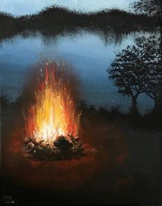 an oil painting of a campfire with water in the background