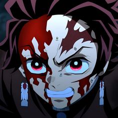 an anime character with red hair and blue eyes looking at the camera while wearing blood makeup