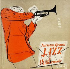 an orange jacketed woman holding a trumpet in front of a sign that says jazz