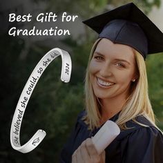 a woman wearing a graduation cap and gown with the words, best gift for graduation