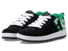 DC Kids Court Graffik (Little Kid/Big Kid) - Boys Shoes : Black/Kelly Green : Featuring a durable leather upper, lace-up closure, and classic low-top round-toe silhouette, these DC Kids Court Graffik skate shoes will keep him on his feet from kick-flip to toe-flip. Sneakers boast a padded comfort collar, breathable mesh lining, and low-key screen-printed logo on side. Vulcanized construction offers better board feel, sidewall grip, and optimum flex. Abrasion-resistant sticky rubber outsole features DC's trademarked pill pattern tread. Imported. Measurements: Weight: 9 oz Product measurements were taken using size 2.5 Little Kid, width M. Please note that measurements may vary by size. Rad Outfits, Kick Flip, Black Kelly, Shoe Inspo, Dc Shoes, Top Round, Big Kid, Free Kids, Kelly Green