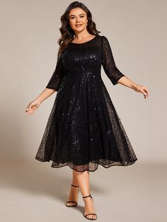 Turn heads in this Plus Size 3/4 Sleeve Midi Round Neck A-Line Sequin Wedding Guest Dress. The A-line silhouette flatters all body types, while the shimmering sequins bring a touch of glamour. With a classic round neck and 3/4 sleeves, this dress offers both style and comfort for special occasions. Perfect for weddings or formal events. Fit: Please refer to size chart. Length: Midi length. Sleeve Style: 3/4 sleeve. Closure: It is concealed a zipper up the back. Undergarments: It is not padded, w Flattering Dresses For Plus Size, Plus Formal Dresses, Plus Size Wedding Guest Dress, Plus Size Wedding Guest Dresses, Sequin Wedding, Elegant Maxi Dress, Ever Pretty, Affordable Dresses, Summer Maxi