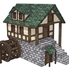 a drawing of a house with a water wheel in the front and stairs leading up to it