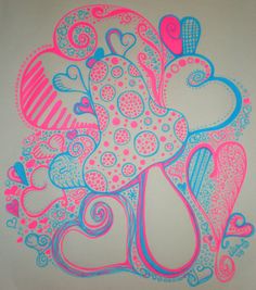 a drawing of a pink and blue mushroom with hearts on it's back ground