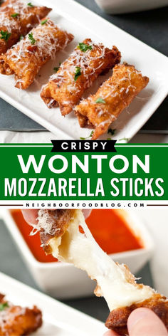 This game day menu idea is one of the things to make with wonton wrappers! These wonton mozzarella sticks are an easy Super Bowl recipe that's ready in just 30 minutes. Wonderfully crispy and gooey, these homemade mozzarella sticks are a perfect football appetizer! Fried Ziti, Wonton Mozzarella Sticks, Wrapper Recipes, Baked Wontons, Homemade Mozzarella Sticks, Wonton Wraps