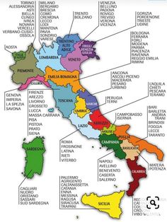 the map of italy with all its major cities and their respective towns in different colors