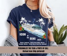 Custom Cruise Shirts, designed exclusively for your Royal Caribbean Icon of the Seas adventure. Perfect for a Family Vacation Cruise, these Family Matching Cruise T-Shirts make the ultimate Cruising Gift for your Group Cruise Trip. 👉Adult Unisex T-Shirt brand is BELLA + CANVAS/GILDAN - 100% Airlume combed and ringspun cotton (fiber content may vary for different colors) - Light fabric (4.2 oz/yd² (142 g/m - Retail fit - Tear away the label - Runs true to size 👉Youth T-Shirt brand is BELLA + CANVAS/GILDAN - 100% Cotton (fiber content may vary for different colors) - Light fabric (5.3 oz/yd² (180 g/m - Classic fit - Tear away the label - Runs true to size 👉Infant/Toddler/Bodysuit brand is GILDAN/BELLA + CANVAS - 100% Combed ringspun cotton (fiber content may vary for different colors) - L Themed Crew Neck Shirt With Sublimation Print, Themed Custom Print Crew Neck T-shirt, Icon Of The Seas, Cruise Tshirt, Group Cruise, Cruise Shirts, Cruise Trip, Adventure Of The Seas, Vacation Cruise