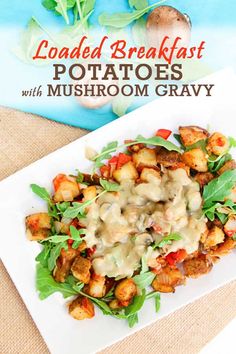 loaded breakfast potatoes with mushroom gravy on a white plate next to a book